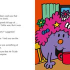 Links Text über Little Miss Sunshine, die Mr. Tickles Geburtstag plant. Rechts bunte Illustration: Zwei Figuren, Fenster.