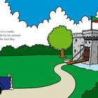 Links steht ein Text über Mr Snooty, der einen Ritter besucht. Rechts eine Illustration: Burg mit Zugbrücke, Auto.