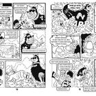 Ein lustiger Dialog über fantasievolle Dinosaurier und Smilodons. Figuren debattieren deren Stärke und Intelligenz. Comicstil.