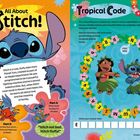"All About Stitch! Tropical Code. Fact 1: Stitch is smarter than a supercomputer! Fact 2: Stitch has four arms. Fact 3: Stitch loves to play his ukulele!" 
Illustration von Stitch, einem blauen Alien, Lilo und einem Blumenrätsel.