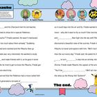 „Flying Pikachu“ steht oben. Es folgen Lücken zum Ausfüllen einer Geschichte über Pikachu, der in die Luft fliegt.