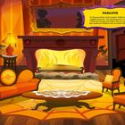 Text: "PARLOUR. On the ground floor of the mansion, Pokémon huddle together by the fire..."  
Ein gemütlicher Raum mit Kamin, orangen Vorhängen, Sofa, Tisch mit Netz-Muster und Nachtansicht.