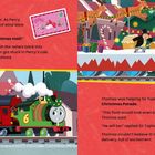 Text beschreibt ein Weihnachtsabenteuer von Thomas. Gleise, Lokomotiven und Dekorationen in festlicher Atmosphäre.