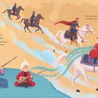 Texte beschreiben Amir Timurs Enkel Ulugh Beg, der Mathematik sogar auf einem Pferd reitend löst. Illustration von Reitern.