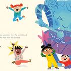 Text: "And sometimes when I'm overwhelmed the drum beats fast and loud." Illustration von fröhlichen, tanzenden Kindern.