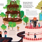 "SWEETS OR CHOCOLATE BARS?" und "BIRTHDAY PRESENTS OR BIRTHDAY CAKE?" mit historischen Notizen. Illustration von Süßigkeiten und Festen.