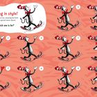 Illustration mit rotem Hintergrund. Text oben: "Arriving in style! But which one is he?" Zehn Katzen in Hut und Fliege.