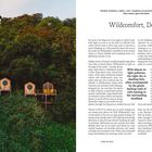 "Wildcomfort, Devon" steht groß oben. Links drei hölzerne Hütten in grüner Waldlandschaft.
