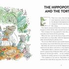 THE HIPPOPOTAMUS AND THE TORTOISE. Links Illustrationen von Hippos beim Bankett mit viel Essen auf einem Tisch.