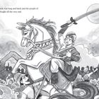 Text: "The battle was long and hard, and the people of Jhansi fought till the very end." 

Illustration: Eine Reiterin auf einem Pferd in einer Schlacht.