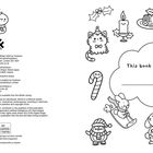 Rechts: "This book belongs to" mit Platz zum Eintragen. Weihnachten-Themen: Schneemann, Kerze, Geschenke, Lebkuchen.