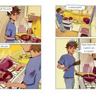Texte: "Dad! The mint!", "I cannot panic.", "Tim tips the pan.", "Dad? Dad? OK. I admit I am in a panic!"

Illustration: Junge kocht in der Küche.