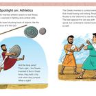 "Spotlight on: Athletics. Die Griechen erfanden athletische Wettkämpfe, um Fitness zu testen... Zwei Illustrationen zeigen Männer beim Wettbewerb."