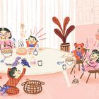 Ein fröhlicher Esstisch mit einer Familie, die isst und lacht. Kinder spielen, Musiknoten schweben, ein Elternteil serviert Essen.