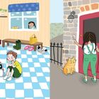 Links sieht man eine helle Wohnung mit einem Kind und Roboter, rechts klingeln zwei Personen an einer Tür. Ein Hund schaut zu.