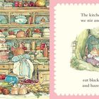 Text: „The kitchen is where we stir and we bake, eat blackberry pie, and hazelnut cake.“  
Illustration: Eine gemütliche Küche mit Tieren beim Backen.