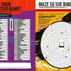 "WHAT'S YOUR SUPERSTAR NAME?", Liste mit Initialen für Vornamen und Nachnamen. "MAZE TO THE RING" mit einem Labyrinth.