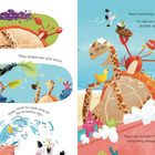 Links Szenen einer gemütlichen Schildkröte. Rechts genießt eine Schildkröte am Strand Aufmerksamkeit. Verspielte Tiere umgeben sie.