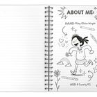 „ABOUT ME: NAME: Riley Olivia Wright, AGE: 8 (nearly 9!).“ Ein fröhliches Kind rennt, umgeben von Herzen und Sternen.