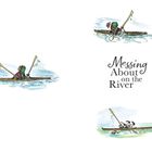 Text: "Messing About on the River". Illustration von einem Frosch im Boot, paddelnd und kenternd.