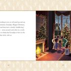 Text: Weihnachtswünsche an Opa, Familientreffen und Umarmung. Illustration: Familie umarmt sich am geschmückten Baum.