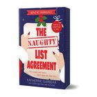 Buchcover: "THE NAUGHTY LIST AGREEMENT". Adventsroman, eröffnet täglich ein Kapitel. Dekorativer Hintergrund mit rotem Anhänger.