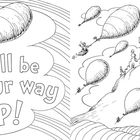 Text: "You'll be on your way UP!" Illustration: Luftballons ziehen Menschen vorbei an fantastischen Gebäuden hoch.