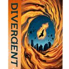 Text: „Veronica Roth, Divergent.“ Illustration: Skyline, fliegende Vögel, umgeben von spiralförmigen Flammen.