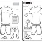 Links "EGYPT", rechts "ENGLAND". Faktenkästen zu Spielern. Illustrationen von Fußballtrikots und Zubehör.