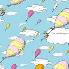 Text: "This book belongs to:". Menschen mit bunten Ballons fliegen durch einen Himmel mit Wolken. Verspielte Illustration.