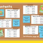 Contents, Week 1: Around town, Week 2: Down on the farm, Week 3: All aboard, Week 4: By the sea, Week 5: Garden helpers.