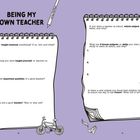 Texte auf lila Hintergrund: "BEING MY OWN TEACHER". Notizblock-Design mit Fragen; Illustrationen von Fahrrad, Flugzeug, Sparschwein.