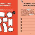 Links: "8 THINGS I LIKED ABOUT BEING 8", rechts: "10 THINGS I'D LIKE TO DO BEFORE I'M 10". Doodle-Rahmen und nummerierte Linie.