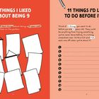 Links: "9 THINGS I LIKED ABOUT BEING 9", weiße Poster. Rechts: "11 THINGS I'D LIKE TO DO BEFORE I'M 11", Liste mit Kästchen.