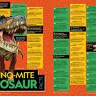 Mehrere bunte Textfelder mit Fakten zu Dinosauriern, ein großes Bild eines T-Rex in der Mitte, Titel: "75 Dino-mite Dinosaur Facts".