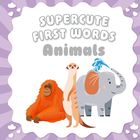 „Supercute First Words Animals“. Illustration: Orang-Utan, Erdmännchen, Elefant. Lila Hintergrund mit Herzen.