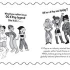 Linke Seite: "Would you rather be an OG K-Pop legend (like H.O.T.) ...". Drei cartoonartige Figuren in 90er-Jahre-Kleidung. Rechte Seite: "OR be a K-Pop idol today?" Drei Figuren in moderner, glamouröser Kleidung. Dekorative Motive und Symbole umrahmen die Gruppen.