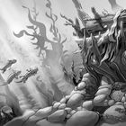 Eine schwarz-weiße Illustration. Drei schwimmende Axolotl umgeben von Algen, vor einem baumartigen Unterwasserhaus.