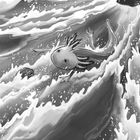 Ein Axolotl kämpft in einer Illustration gegen stürmische Wellen neben Felsen.