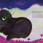 Text: "The sixth arrived at the stroke of midnight, cradled in a cloud of fog..." Illustration: Schwarze Katze mit großen, grünen Augen.