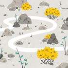 "This is NOT a Christmas book. Just so you know. This is a book about rocks. Not shiny rocks. Yep." Illustration mit Felsen, gelben Büschen und einem Pfad.