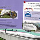 Titel: "TRAINS". 
Erläuterungen über Dampflokomotiven, Shinkansen und Magnetschwebebahnen. Zeichnungen von Zügen und Magneten.