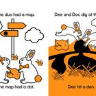 Zwei Hasen mit einer Karte, die einen Punkt zeigt. Sie graben an einem Punkt. Schilder und eine unterirdische Höhle.