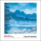 "Friday 8 JANUARY" steht unten. Eine winterliche Landschaft mit Bergen und einem See, verschneite Bäume im Vordergrund.