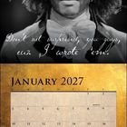 Text: "Life, liberty, and the pursuit of happiness... Don't act surprised, you guys, cuz I wrote 'em." Januar 2027 Kalender. 