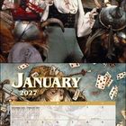 "January 2027" steht groß oben. Darunter ein Kalenderblatt. Oben eine Figur mit wilden blonden Haaren in einem fantastischen Setting.