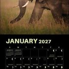 JANUARY 2027 Kalender mit Mondphasen. Oben: Elefant im Gras mit unscharfem Hintergrund.