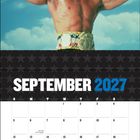 September 2027 Kalender mit Boxer. "Rocky: I ain't going down no more!" Boxer hebt triumphierend die Arme.