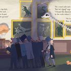 Texte beschreiben eine Ausstellung mit Dinosaurierknochen. Eine Gruppe Männer mit Zylindern und ein Mädchen mit Hund staunen.