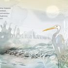 Text: "I love you silver. Dew drop. Gossamer. Morning cobwebs. Elderflower." Illustration: Ein Reiher in einer traumhaften Landschaft.